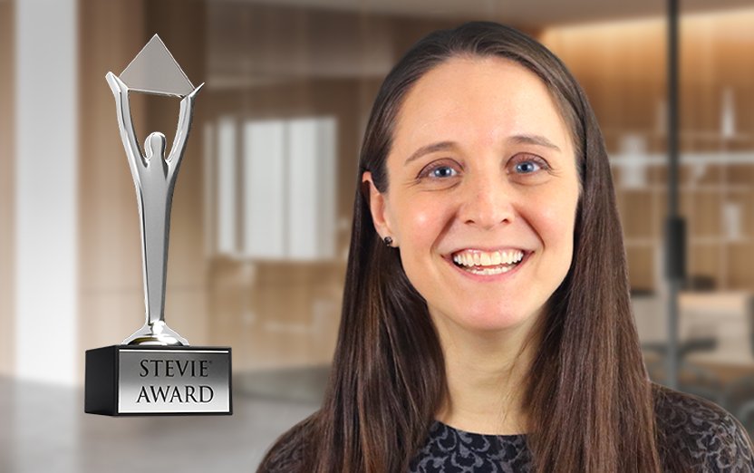 Logo of Silver Stevie Winner on a picture of Carolyn