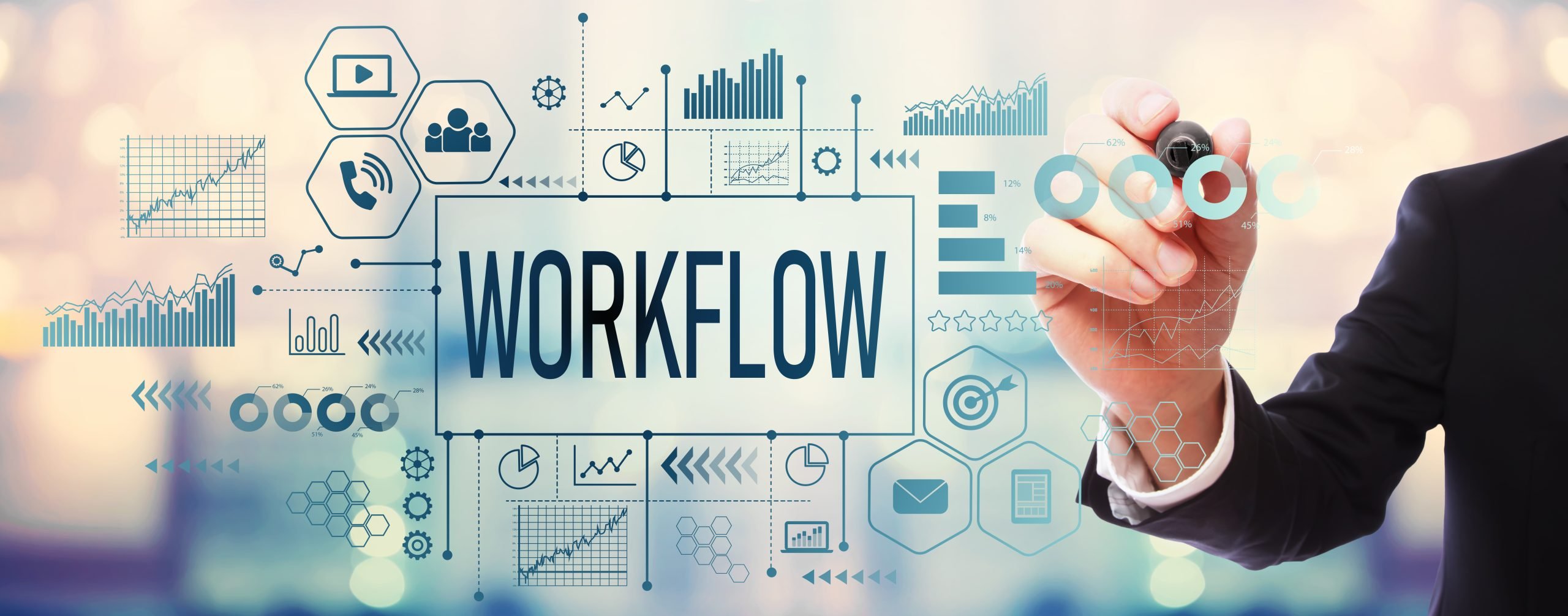 Worflow text on a virtual screen with icons and man holding small camera