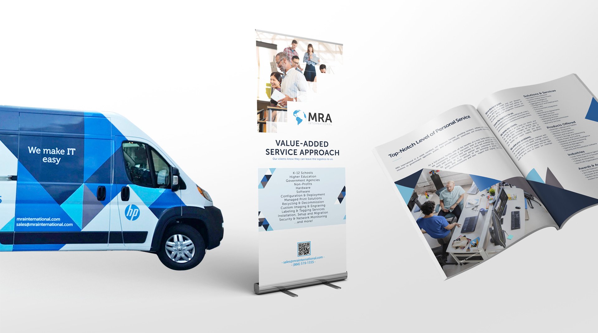 trade show banners, brochure, and van with vinyl wrap featuring MRA International