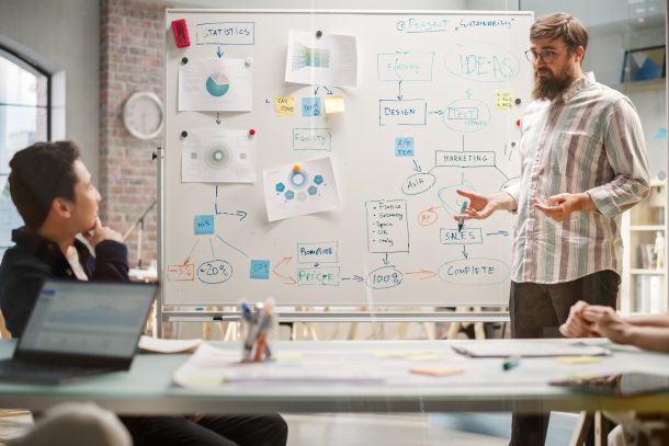 Coworkers brainstorming presentation design