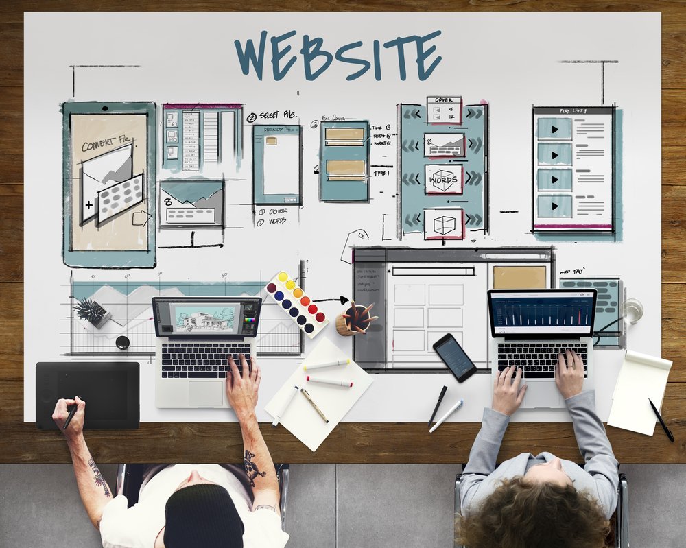 Two employees working on laptops and drawing out a website design on desk paper