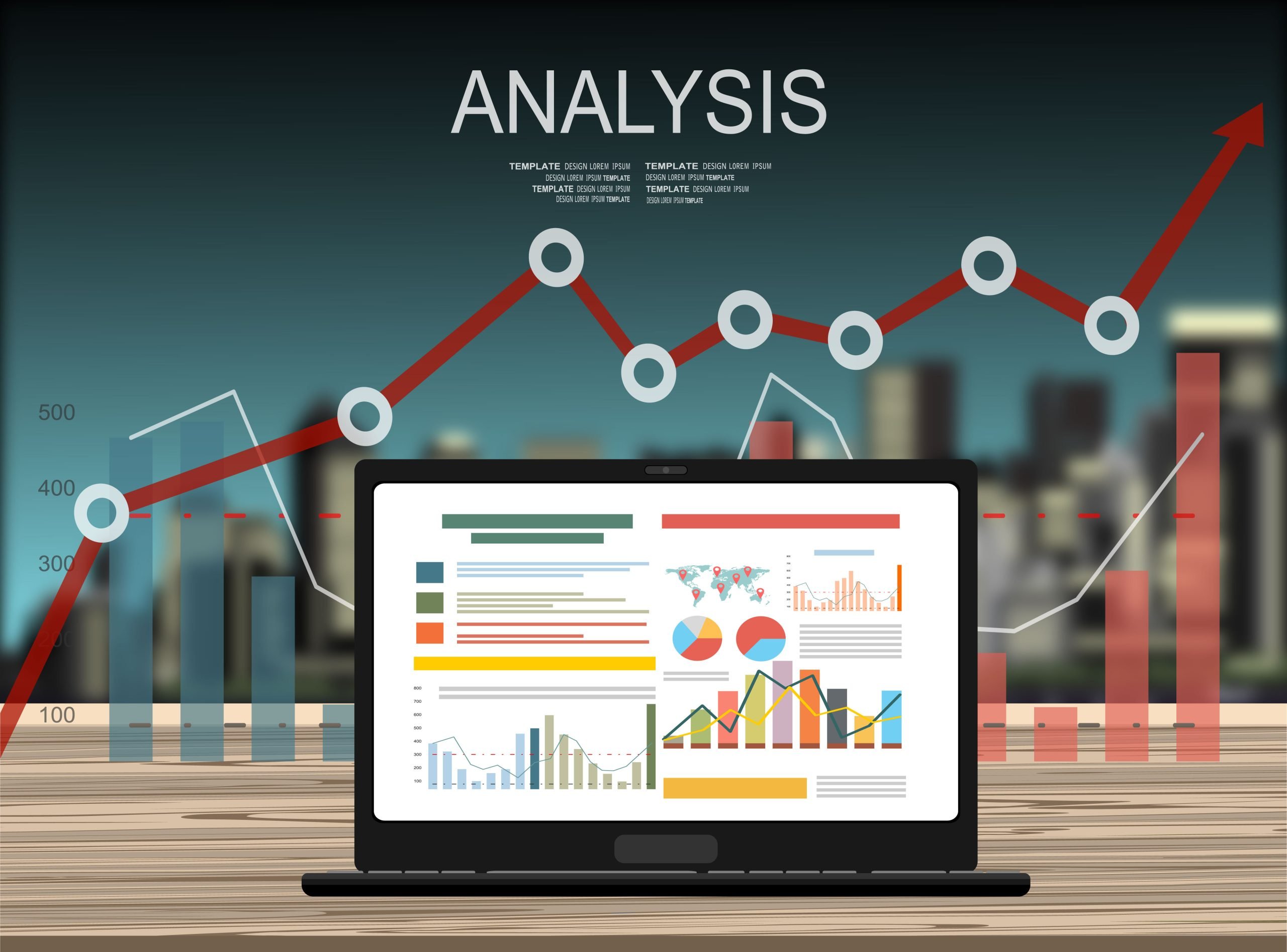 Web analytics concept, graphs and charts on a laptop screen and analysis text