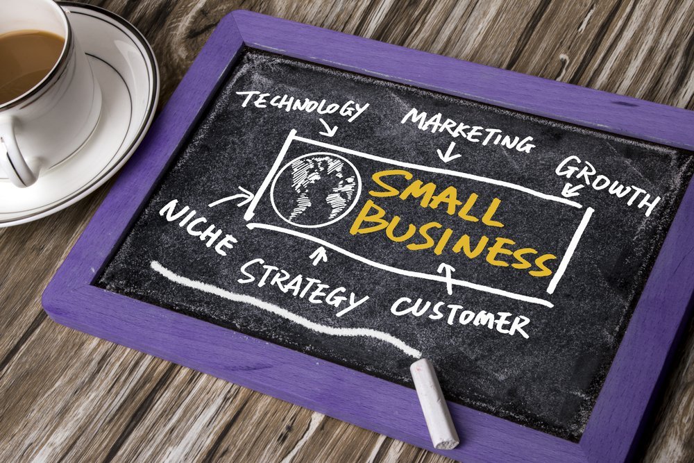 Small business concept on a blackboard on a table